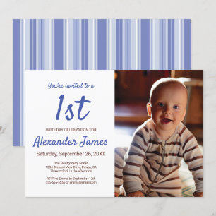 Modern Denim Blue Striped Boy Birthday Foto Kaart