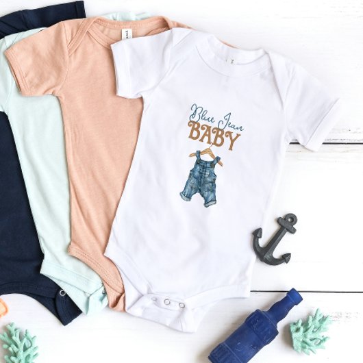 Modern Denim Boy Blue Jean Baby shower Romper