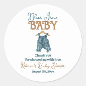 Modern Denim Boy Blue Jean Baby shower Ronde Sticker (Voorkant)