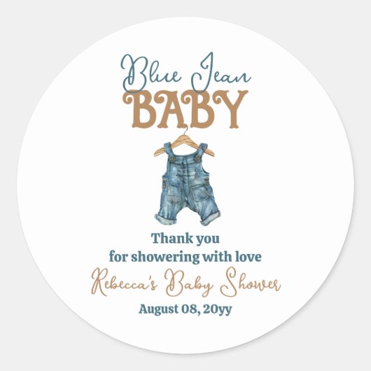 Modern Denim Boy Blue Jean Baby shower Ronde Sticker (Voorkant)