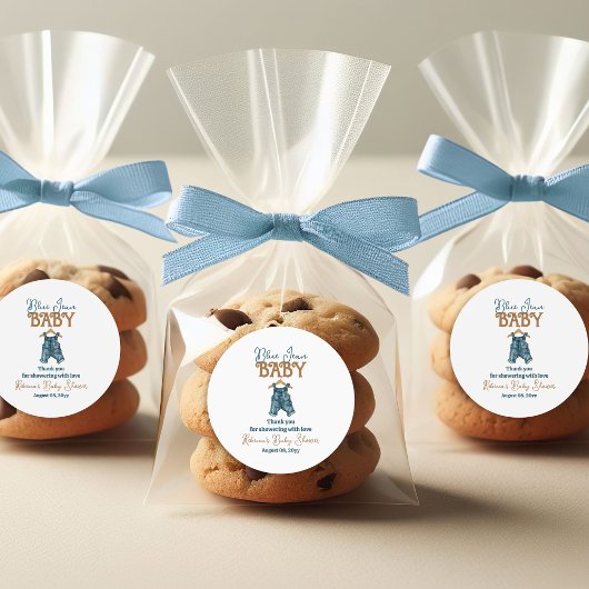 Modern Denim Boy Blue Jean Baby shower Ronde Sticker