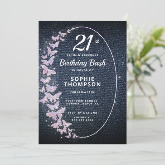 Modern Denim Diamond Pink Butterfly Birthday Kaart (Staand voorkant)