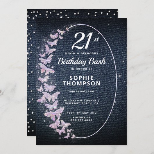 Modern Denim Diamond Pink Butterfly Birthday Kaart (Voorkant / Achterkant)