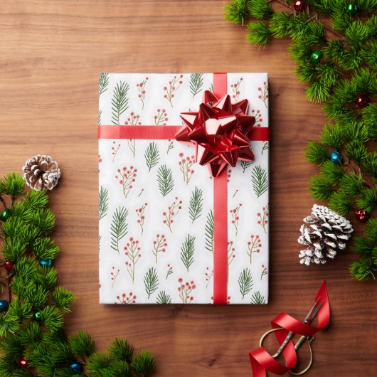 Modern Dennennaden & Kerstbessen Kerst Cadeaupapier (Feestdagen Geschenken)