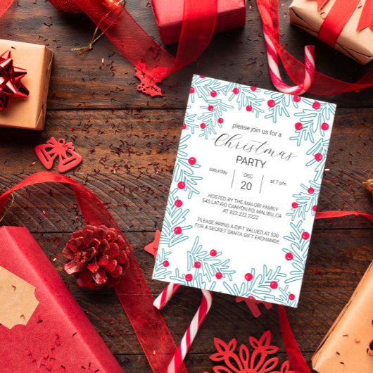 Modern Dennentak en Rode Bes Kerstpatroon Kaart