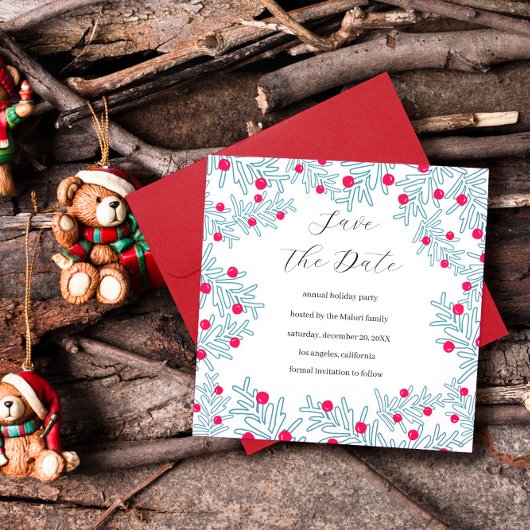 Modern Dennentak en Rode Bes Kerstpatroon Save The Date