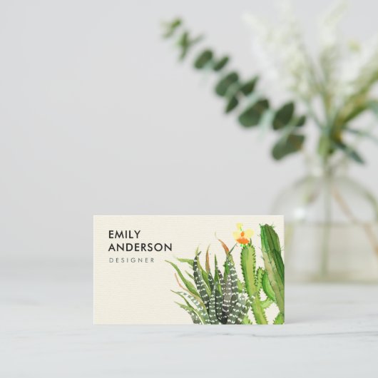 MODERN DESERT CACTUS FLORAL GARDEN WATERVERF VISITEKAARTJE (Staand voorkant)