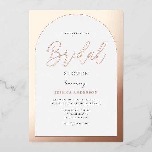 Modern Designer Roos Gold Foil Arch Vrijgezellenfe Folie Uitnodiging (Voorkant)