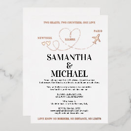 Modern Destination Wedding Airplane Heart Folie Uitnodiging