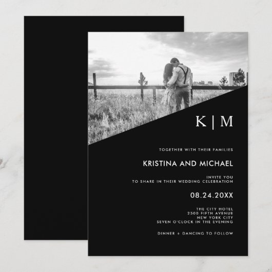 Modern diagonaal zwart | Foto bruiloft uitnodiging (Voorkant / Achterkant)