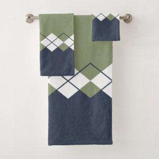 Modern, diamantpatroon, olijfgroen, marinesuin bad handdoek
