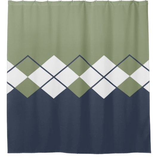 Modern, diamantpatroon, olijfgroen, marinesuin douchegordijn (Voorkant)