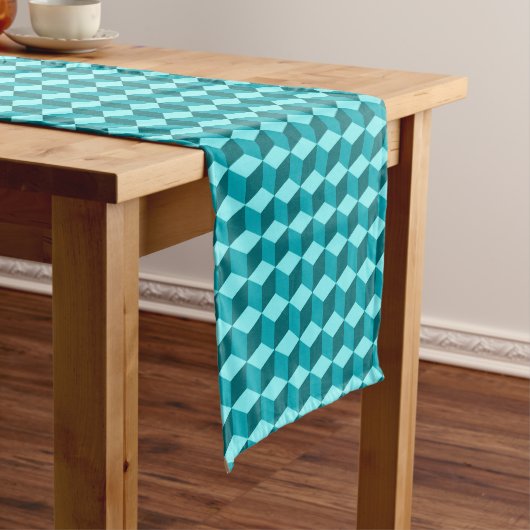 Modern Diamond Grid, Turquoise, Blauwgroen en Aqua Korte Tafelloper (Voorbeeld)