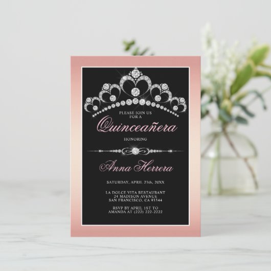 Modern Diamond Tiara Zwart Roze QUINCEAÑERA Kaart (Staand voorkant)