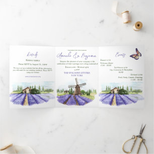 Modern Digital Lavender Country Style Wedding Drieluik Uitnodiging
