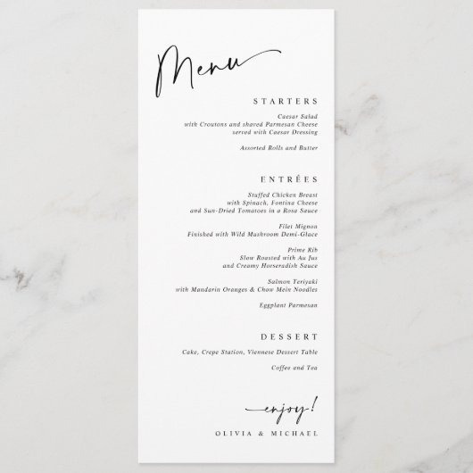 Modern dinerverloop zwart-wit bruiloft menu (Voorkant)
