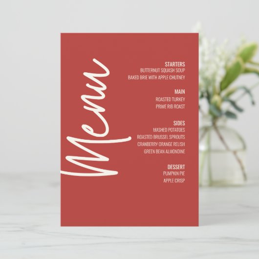 Modern Dinner Menu Rode Bruiloft Thanksgiving Kaart (Staand voorkant)