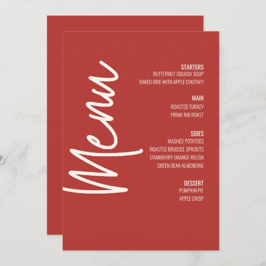 Modern Dinner Menu Rode Bruiloft Thanksgiving Kaart (Voorkant / Achterkant)