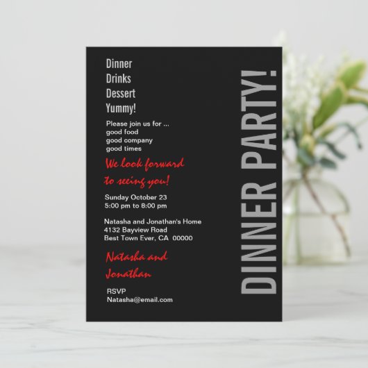 Modern DINNER PARTY Black White Red Sjabloon Kaart (Staand voorkant)