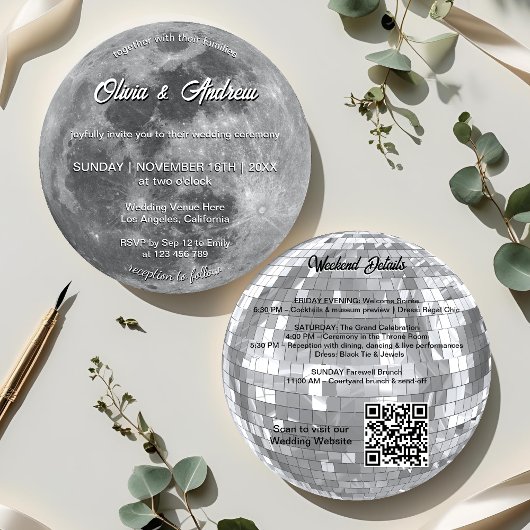 Modern Disco Ball QR Code Full Moon Wedding Kaart