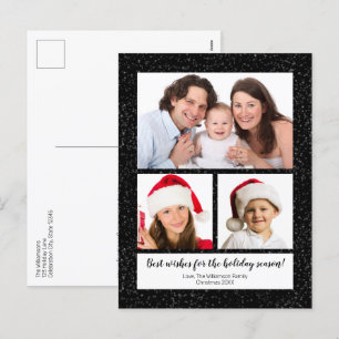 Modern DIY 3 Fotonaam Jaar Snowy Black Feestdagenkaart