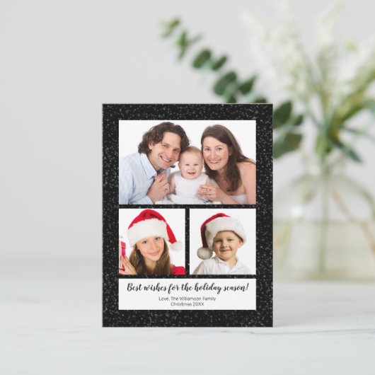 Modern DIY 3 Fotonaam Jaar Snowy Black Feestdagenkaart (Staand voorkant)