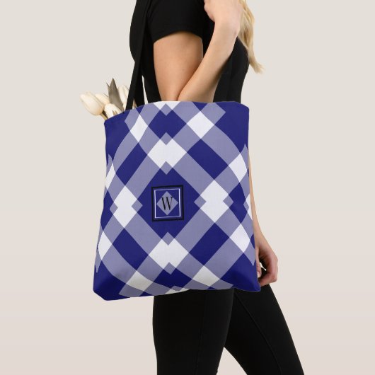Modern Dk Blue White Paars Checkling schouder Tas (Dichtbij)