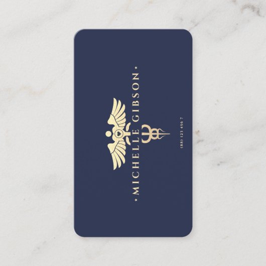 Modern Doctor Nurse Caduceus Donkerblauw Goud Visitekaartje (Voorkant)