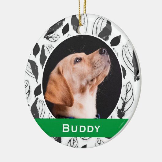 Modern Dog Pet Photo B&W Leaf Pattern Kerstmis Keramisch Ornament (Links)