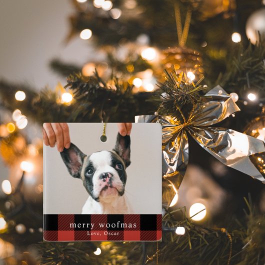 Modern Dog Photo Red Buffalo Pset Merry Woofmas Keramisch Ornament