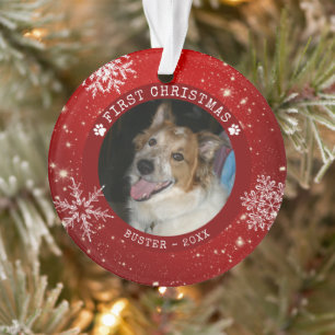 Modern Dog Red EERST CHRISTMAS Snowflake Photo Ornament