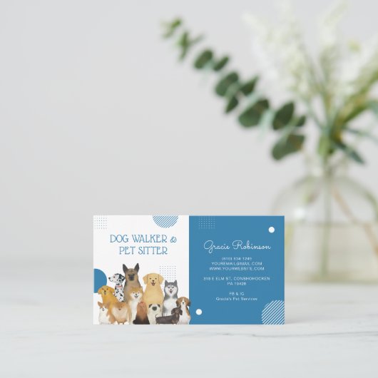 Modern Dog Walker Pet Sitter Waterverf Blue Visitekaartje (Staand voorkant)