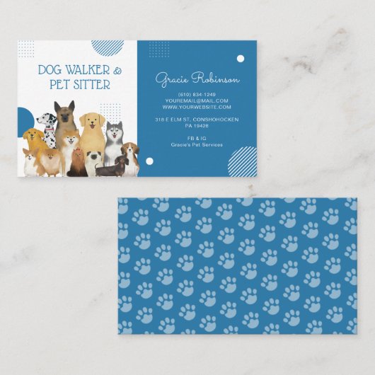 Modern Dog Walker Pet Sitter Waterverf Blue Visitekaartje (Voorkant / Achterkant)