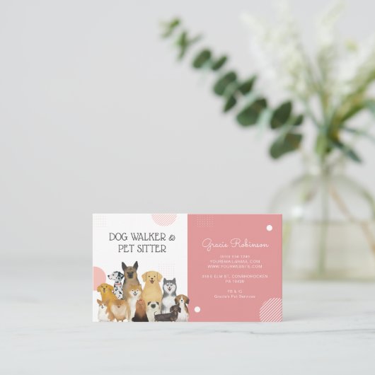 Modern Dog Walker Pet Sitter Waterverf Roze Visitekaartje (Staand voorkant)