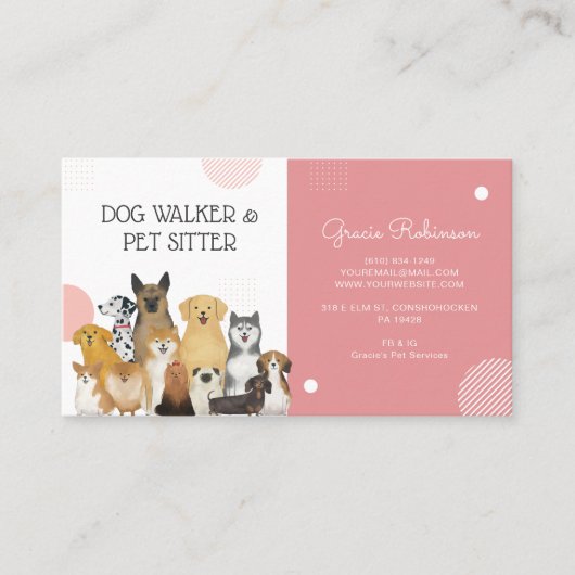 Modern Dog Walker Pet Sitter Waterverf Roze Visitekaartje (Voorkant)
