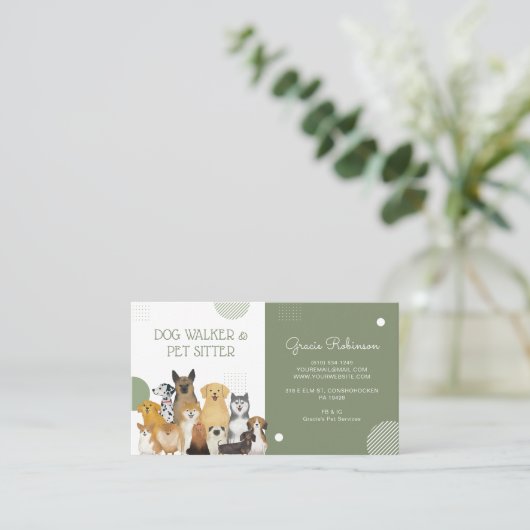 Modern Dog Walker Pet Sitter Waterverf Sage Green Visitekaartje (Staand voorkant)