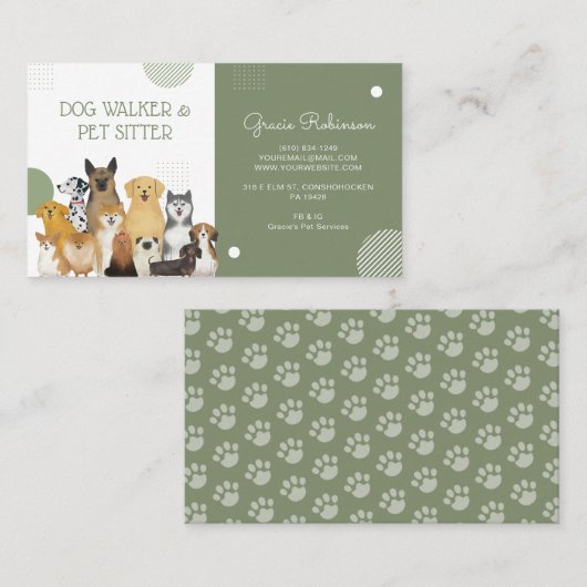Modern Dog Walker Pet Sitter Waterverf Sage Green Visitekaartje (Voorkant / Achterkant)