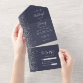 Modern Donk Blue Silver Glitter Wedding All In One Uitnodiging (Afscheurbaar)