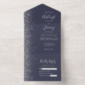 Modern Donk Blue Silver Glitter Wedding All In One Uitnodiging (Binnen)