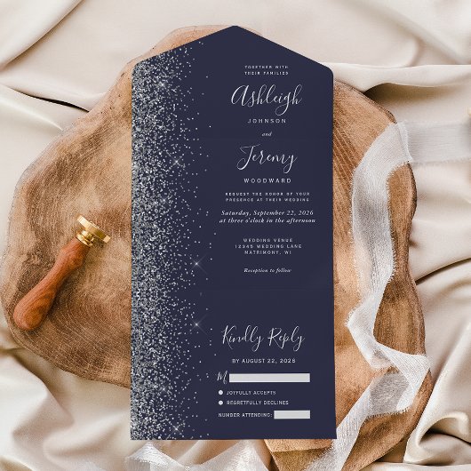 Modern Donk Blue Silver Glitter Wedding All In One Uitnodiging