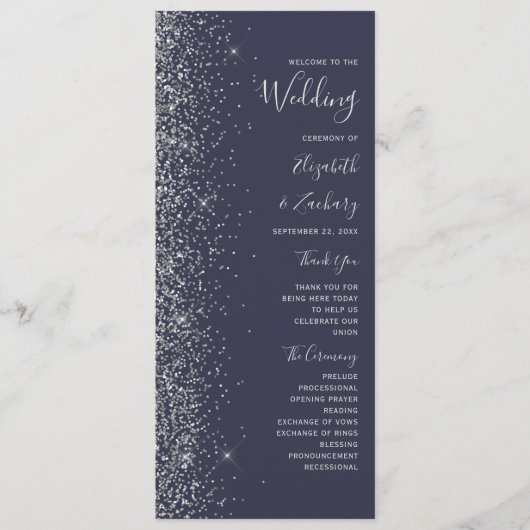 Modern Donk Blue Silver Glitter Wedding Programmakaart (Voorkant)