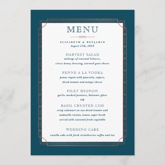 Modern donker Blauwgroen Roos Gold Foil Wedding Menu (Voorkant)