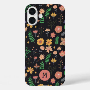 modern donker bloemenmonogram iPhone 16 plus hoesje