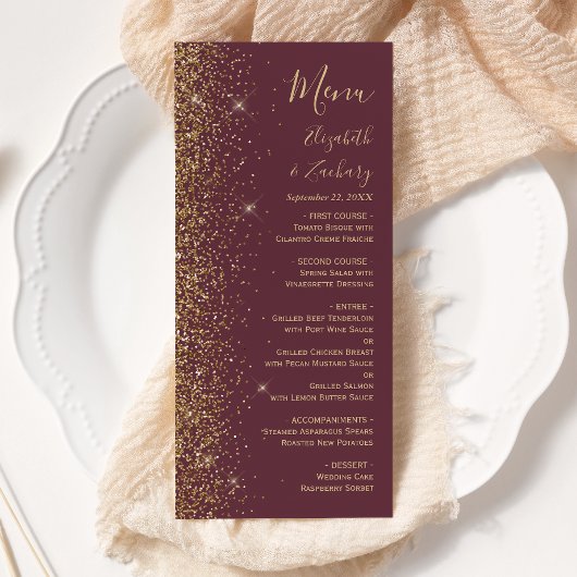 Modern donker bordeaux goud glitter rand bruiloft menu