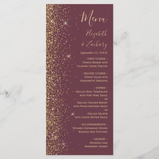 Modern donker bordeaux goud glitter rand bruiloft menu (Voorkant)