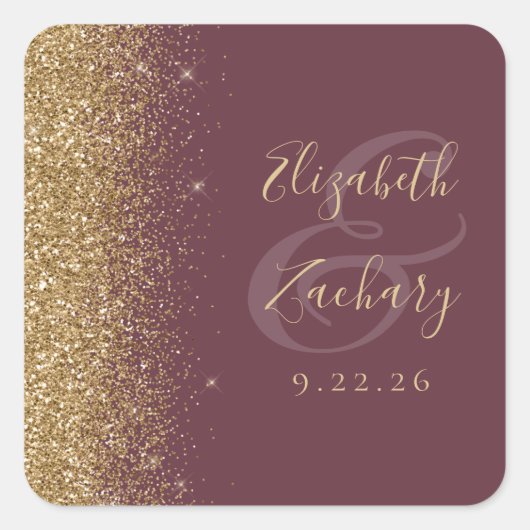 Modern donker bordeaux goud glitter rand bruiloft vierkante sticker (Voorkant)