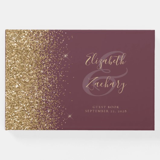 Modern donker bordeaux goud glitter script gastenboek (Voorkant)