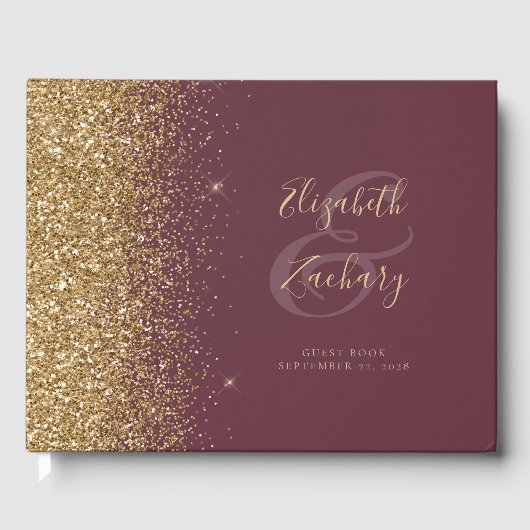 Modern donker bordeaux goud glitter script gastenboek (Voorkant)