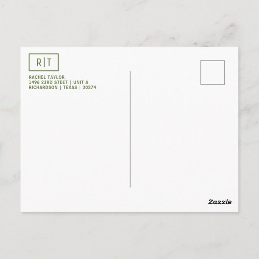 Modern donker olijfgroen monogram briefkaart (Achterkant)