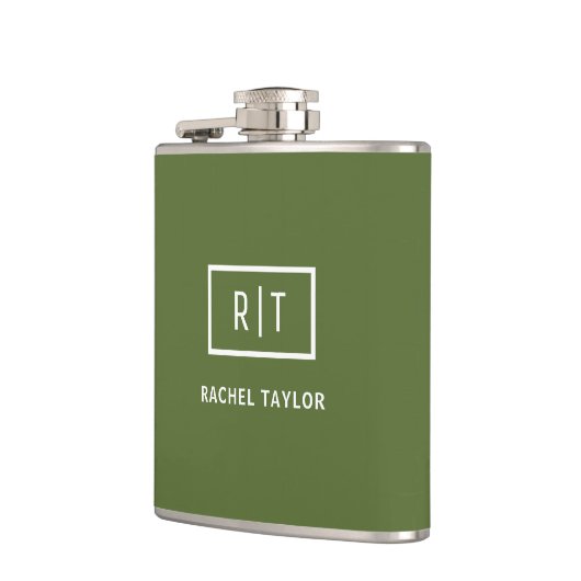 Modern donker olijfgroen monogram heupfles (Links)